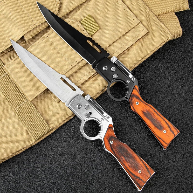 Whomyis 2 Pcs Pocket Knife Ak47 Folding Knife Stainless Steel Blade Lightweight Wooden Handle, Gifts for Men - Image 3